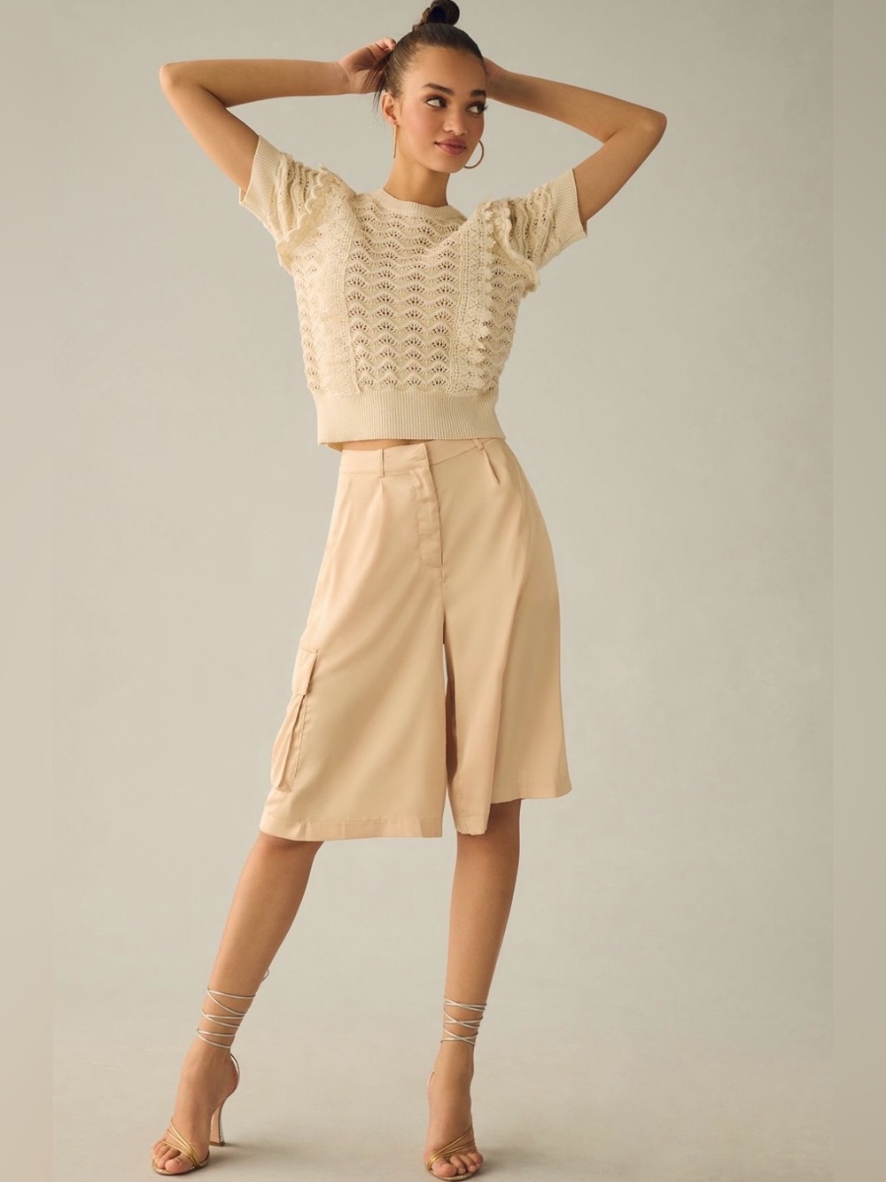 Anthropologie Kachel Shimmer Crochet Sweater Tee in Ivory